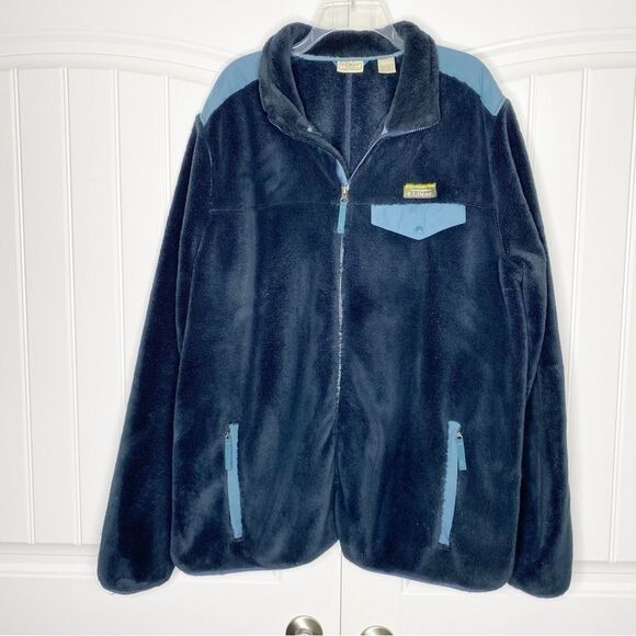 L.L Bean Navy Blue Hi Pile Fleece Zip Up Sherpa Jacket XXL 2XL Tall Warm Cozy - Picture 1 of 4